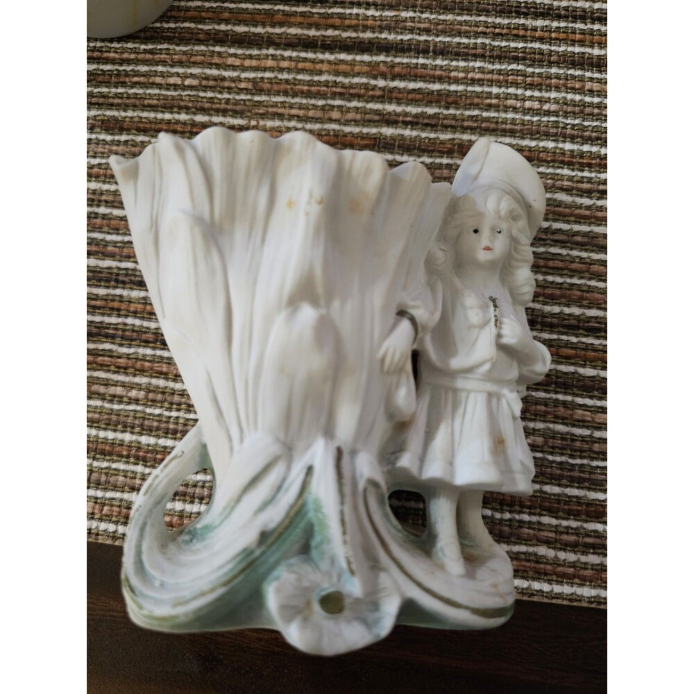 Antique German Bisque Figural Spill Vase Girl Plumed Hat Posy Holder Marked